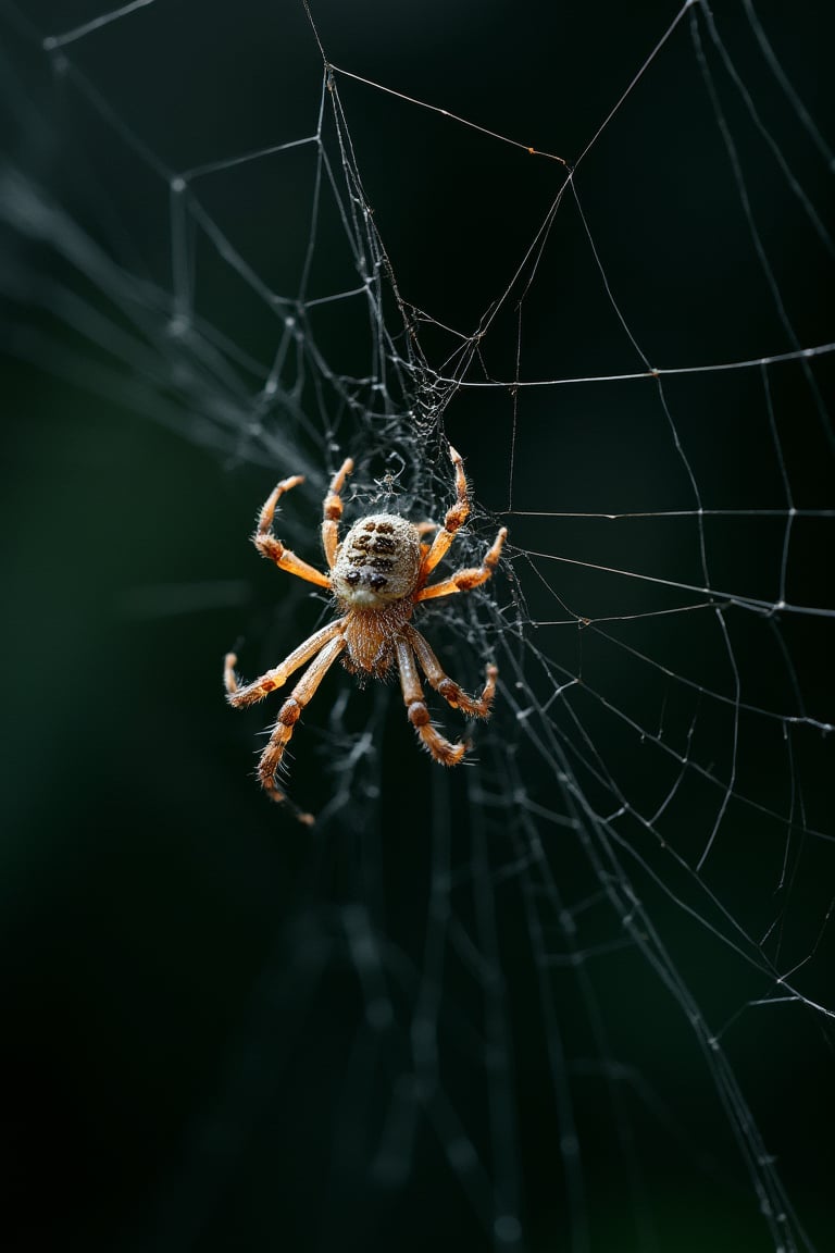 a detailed photo of spider, knitting its web, detailed web, captured on Hasselblad H6D-400c MS, low exposure, high contrast, ISO 100, with a 1800mm macro lens, 