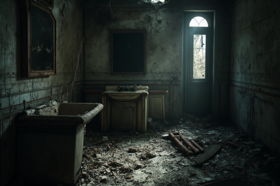 
"Generate a 16K hyper-realistic wide angled cinematic shot of bathroom of a crumbled, abandoned house. The setting features destroyed furniture scattered across the dark, eerie interior. The cracked walls show signs of decay, with dust and debris scattered on the floor. The overall tone is disturbing and unsettling, enhanced by deep shadows. Use a Hasselblad H6D-400C camera with a 35mm lens, ISO 400 to capture the dark tones, f/8 for detailed depth of field, and a 1/100s shutter speed to emphasize the intricate textures and haunting atmosphere."