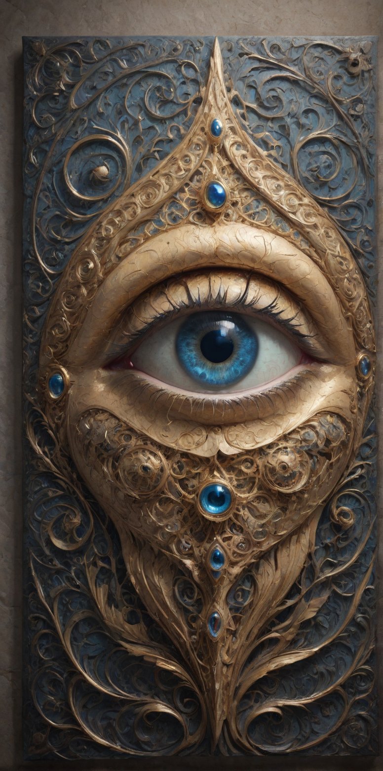 A close-up shot of an eye, situated at the center of a wall, radiates warmth and mystique. The intricately designed iris, surrounded by ornate patterns and swirling shapes, echoes the unique style of Salvador Dali. The subject's contemplative gaze, with hints of wisdom, appears to gaze inwardly, as if lost in thought. Soft, warm lighting casts a gentle glow on the design, highlighting its intricate details and textures.