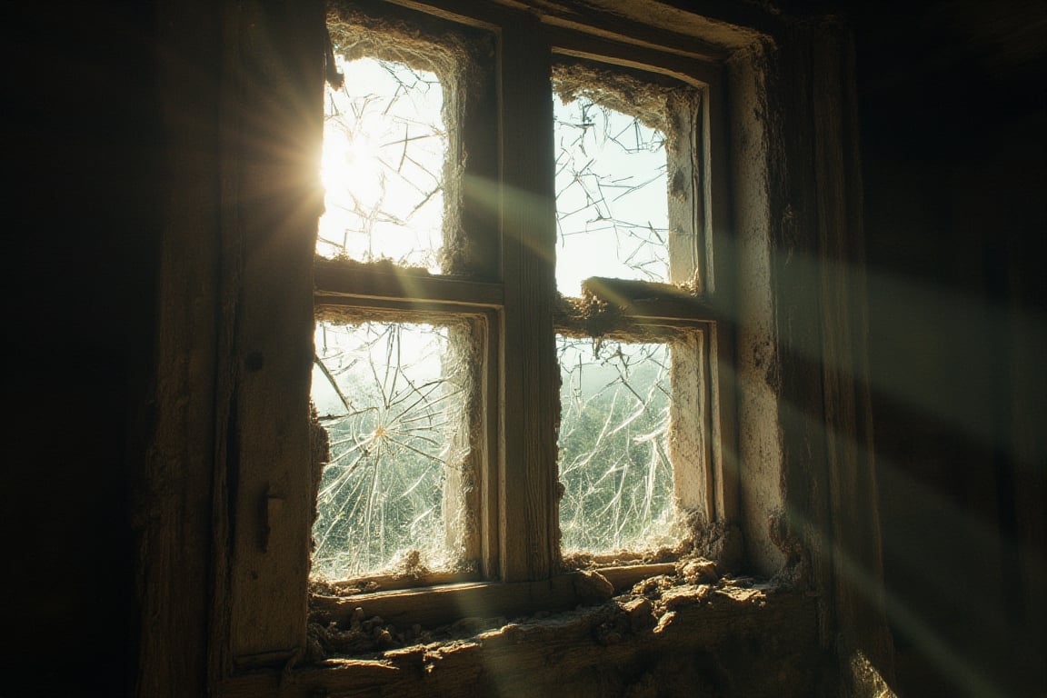 Generate a 4K cinematic shot of a cracked window with broken glass and an aged wooden panel. Sunlight reflects through the fractured glass, creating scattered light patterns. The window is part of a crumbled, weathered house. Use a Hasselblad X1D camera with a 50mm lens, ISO 100 for maximum clarity, f/4 to capture the reflection detail, and a 1/250s shutter speed to freeze the light reflections in the glass while enhancing the texture of the decaying wood.