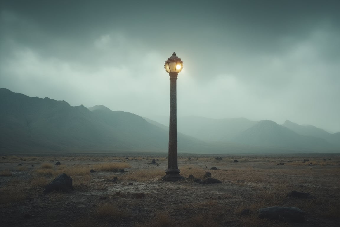 Generate a hyper-realistic image of a single, rusted lamp post standing alone in a vast, barren no man’s land. The ground is cracked and dry, with distant, hazy mountains on the horizon. The sky is overcast, with dim, diffused light creating a desolate and eerie atmosphere. Use a Hasselblad X1D camera with a 50mm lens, ISO 100 for clarity, f/8 for a deep depth of field, and a 1/200s shutter speed to capture the loneliness and stillness of the scene."