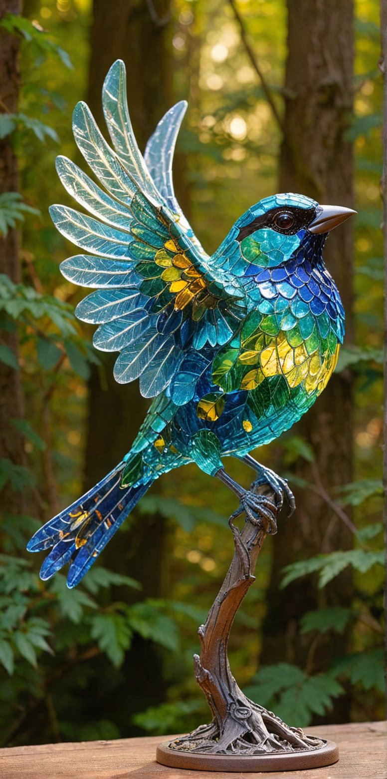 In a warm, sun-kissed forest clearing, a stunning masterpiece comes to life. A vibrant glass carving sparrow, with XL glittering wings that shimmer in hues of emerald and sapphire, perches effortlessly on a slender tree branch. The cinematic lighting casts a soft glow, accentuating the delicate, colorful glasswork as it seems to defy gravity. The surrounding foliage is a tapestry of greens, providing a lush backdrop for this whimsical, oversized avian sculpture.