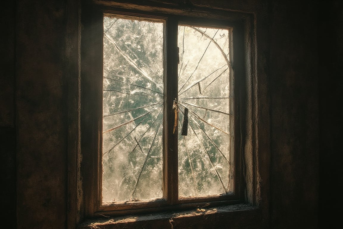 Generate a 4K cinematic shot of a cracked window with broken glass and an aged wooden panel. Sunlight reflects through the fractured glass, creating scattered light patterns. The window is part of a crumbled, weathered house. Use a Hasselblad X1D camera with a 50mm lens, ISO 100 for maximum clarity, f/4 to capture the reflection detail, and a 1/250s shutter speed to freeze the light reflections in the glass while enhancing the texture of the decaying wood.