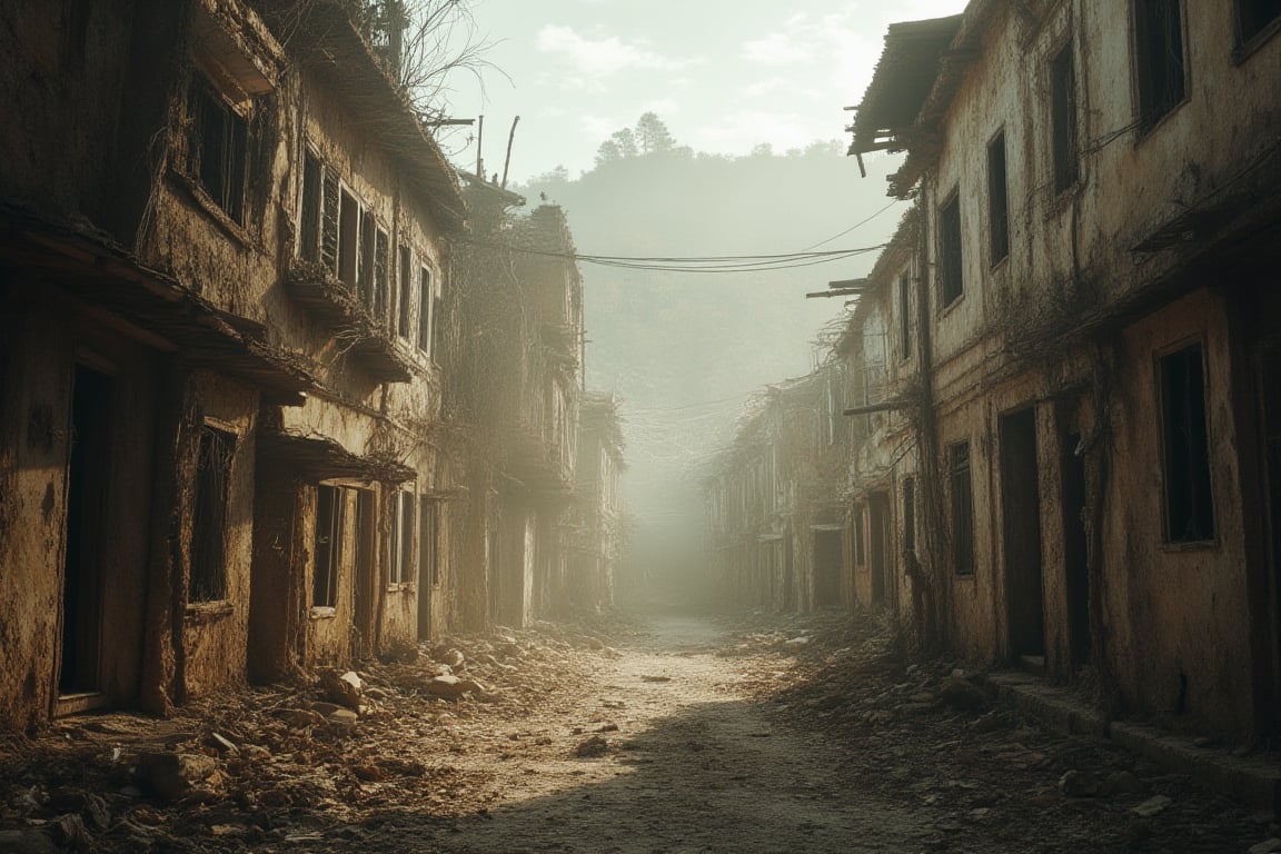 Generate a cinematic, wide-angle shot of an abandoned village with no overgrown vegetation. The empty streets are lined with dilapidated houses, cracked walls, and broken windows. The atmosphere is still, with dust swirling in the air, and muted colors reflecting decay. Use a Hasselblad X1D camera with a 35mm lens, ISO 200 for clear detail, f/5.6 for moderate depth of field, and a 1/100s shutter speed to capture the static mood and intricate textures of the deserted structures.