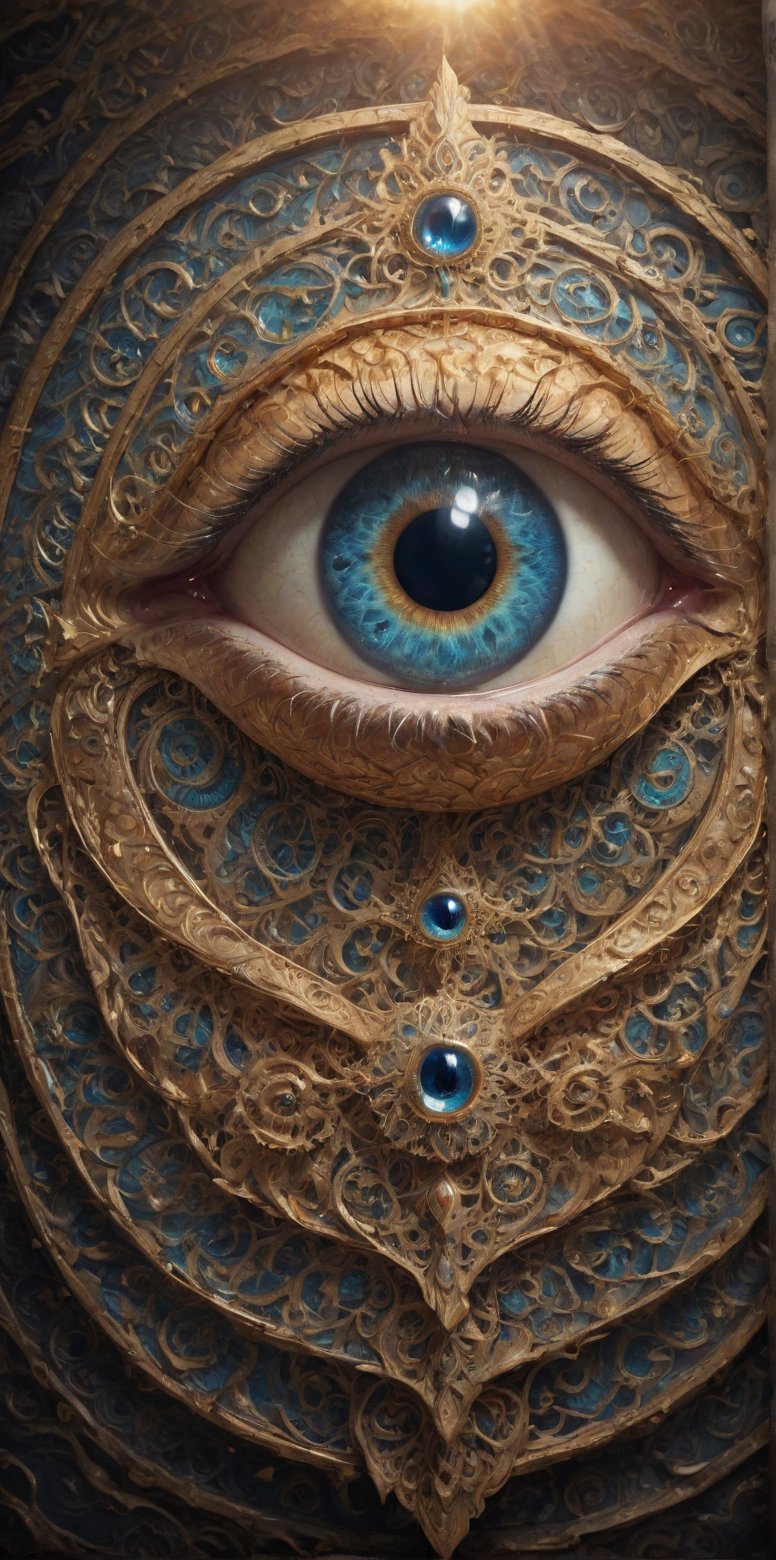 A close-up shot of an intricately designed eye, situated at the center of a person's chest. The eye is surrounded by ornate patterns and swirling shapes, reminiscent of a famous artist's unique style. The subject's facial expression is contemplative, with a hint of wisdom, as if gazing inwardly. The warm lighting casts a soft glow on the design, highlighting its intricate details.