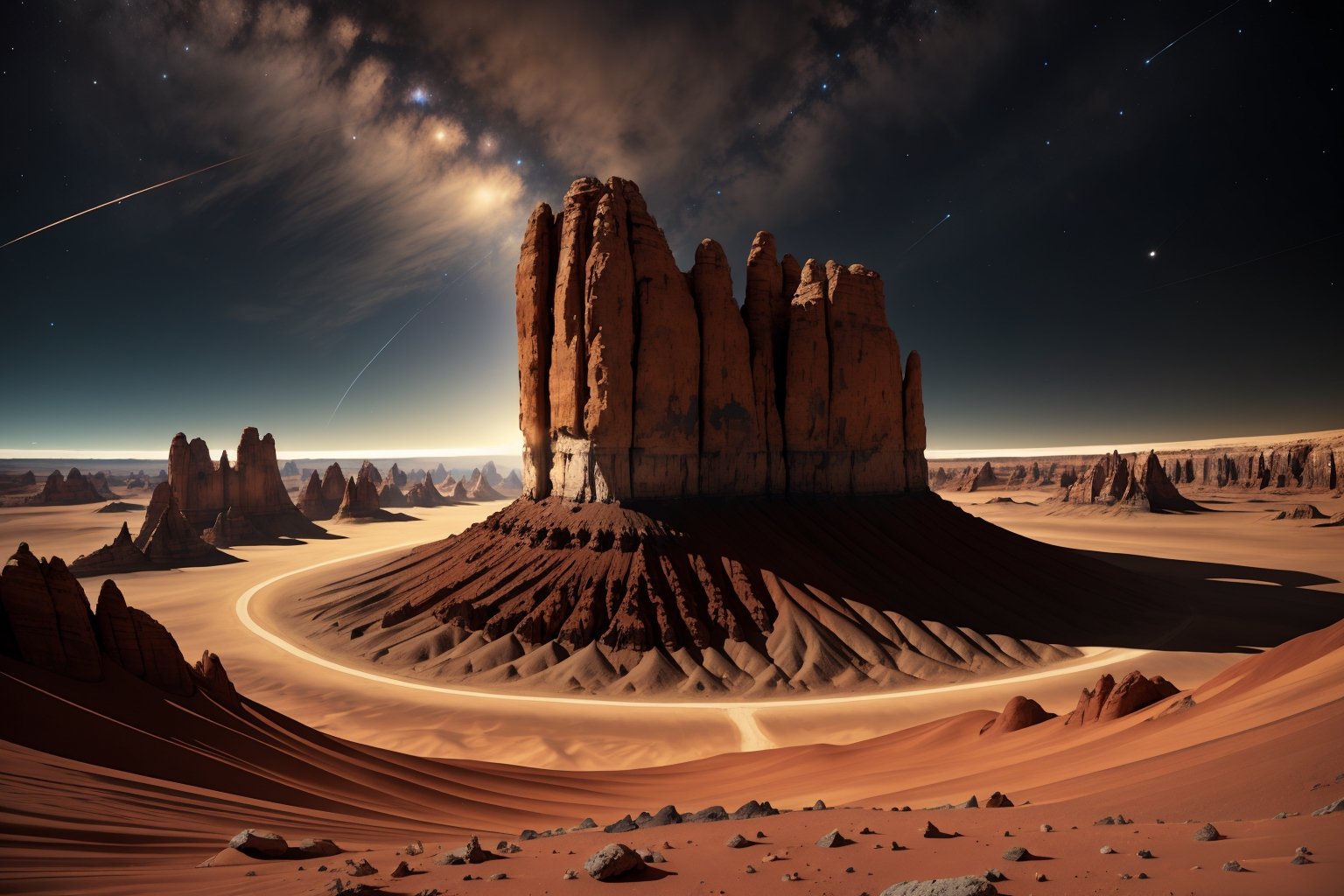 A breathtaking landscape of Mars, revealing the planet's otherworldly beauty in all its glory. The vast expanse of crimson terrain stretches out as far as the eye can see, with towering canyons and rocky outcroppings jutting up from the surface. A vivid ochre sky, dotted with wispy white clouds, arches overhead, lending a surreal and dreamlike quality to the scene. The air is thin and still, with only the occasional gust of reddish dust swirling across the terrain. In the distance, a massive volcano looms large, its slopes a deep shade of crimson, almost black. Sunlight filters through the atmosphere, casting long shadows across the surface, emphasizing the rugged terrain and the harsh beauty of this alien world. In the foreground, a lone, weathered rock formation stands proudly, its jagged edges catching the light, revealing a hint of the geological wonders that lie beneath the surface of Mars. The image evokes a sense of awe and wonder, reminding viewers that there are countless worlds out there waiting to be explored.,Sylvain_Sarrailh_style_lora_by_niolas