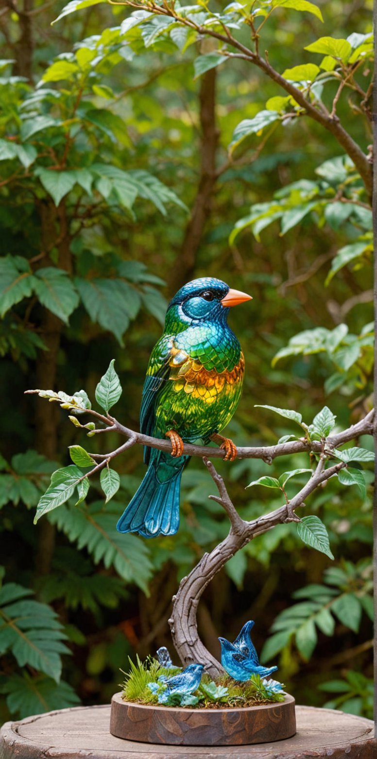 In a warm, sun-kissed forest clearing, a stunning masterpiece comes to life. A vibrant glass carving sparrow, with XL glittering wings that shimmer in hues of emerald and sapphire, perches effortlessly on a slender tree branch. The cinematic lighting casts a soft glow, accentuating the delicate, colorful glasswork as it seems to defy gravity. The surrounding foliage is a tapestry of greens, providing a lush backdrop for this whimsical, oversized avian sculpture.