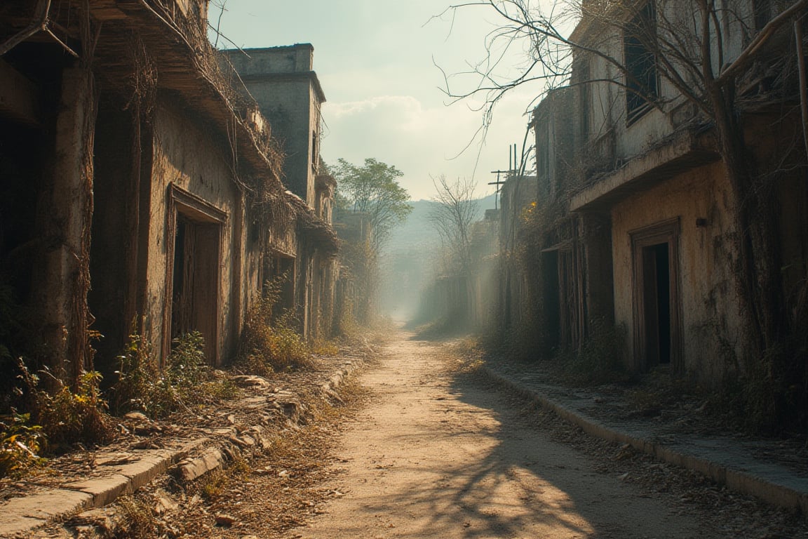 Generate a cinematic, wide-angle shot of an abandoned village with no overgrown vegetation. The empty streets are lined with dilapidated houses, cracked walls, and broken windows. The atmosphere is still, with dust swirling in the air, and muted colors reflecting decay. Use a Hasselblad X1D camera with a 35mm lens, ISO 200 for clear detail, f/5.6 for moderate depth of field, and a 1/100s shutter speed to capture the static mood and intricate textures of the deserted structures.