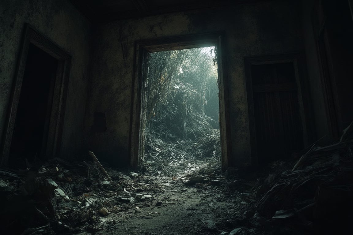 
"Generate a 16K hyper-realistic wide angled cinematic shot of main gate of a crumbled, abandoned house. The setting features destroyed furniture scattered across the dark, eerie interior. The cracked walls show signs of decay, with dust and debris scattered on the floor. The overall tone is disturbing and unsettling, enhanced by deep shadows. Use a Hasselblad H6D-400C camera with a 35mm lens, ISO 400 to capture the dark tones, f/8 for detailed depth of field, and a 1/100s shutter speed to emphasize the intricate textures and haunting atmosphere."