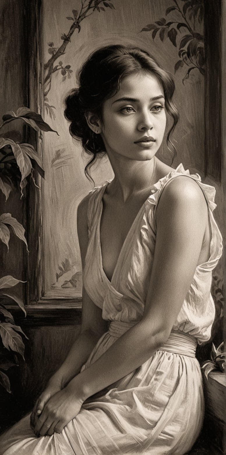 A stunning black and white masterpiece, reminiscent of Pierre-Auguste Renoir's finest works. A single beautiful girl, bathed in soft, elegant lighting, poses thoughtfully against a subtle background, evoking the serene beauty of Ancient Thailand. Her figure is rendered with exquisite anatomy, as if captured by John Singer Sargent's skilled brushstrokes. The composition is refined, with deliberate negative space drawing attention to her captivating presence.