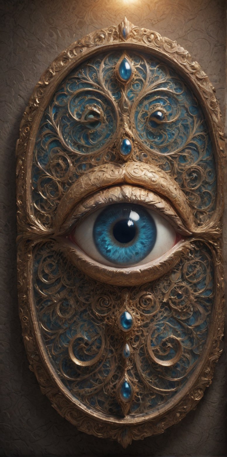 A close-up shot of an intricately designed eye, situated at the center of a wall. The eye is surrounded by ornate patterns and swirling shapes, reminiscent of a famous artist's unique style. The subject's facial expression is contemplative, with a hint of wisdom, as if gazing inwardly. The warm lighting casts a soft glow on the design, highlighting its intricate details.