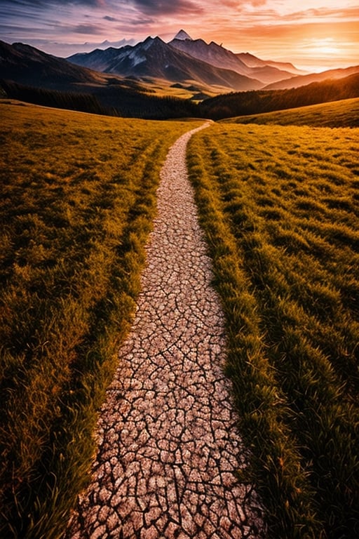 a path of cracked rocks, between green field, heading towards green mountains, both sides of path having boundaries made of logs, sunset, golden hour, hyper realistic, ultra realistic, 18k, masterpiece, outstanding photo, cinematic lighting 