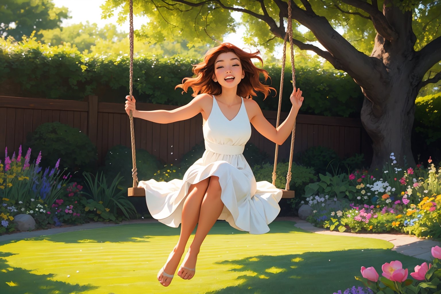 A stunningly beautiful young woman, her long, wavy auburn hair flowing gently in the warm summer breeze. She is wearing a flowing white dress that billows around her as she gracefully swings back and forth in a large, circular garden swing. The swing is suspended mid-air, its chains wrapped around a massive, ancient tree, its leaves shimmering emerald green in the sunlight. The woman's eyes are closed, her face upturned to the sun, her lips curved into a delighted smile as she laughs heartily, the sound filling the air with joy and delight. Beneath her feet, a soft bed of blooming flowers carpets the ground, their colors vibrant and alive, reflecting the warmth of the sun's rays. The garden itself is meticulously maintained, with perfectly trimmed hedges, lush green grass, and a variety of flowering plants and trees creating a peaceful, enchanting atmosphere.,realistic