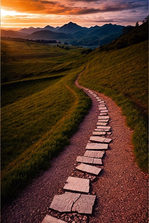 a path of cracked rocks, between green field, heading towards green mountains, both sides of path having boundaries made of logs, sunset, golden hour, hyper realistic, ultra realistic, 18k, masterpiece, outstanding photo, cinematic lighting 