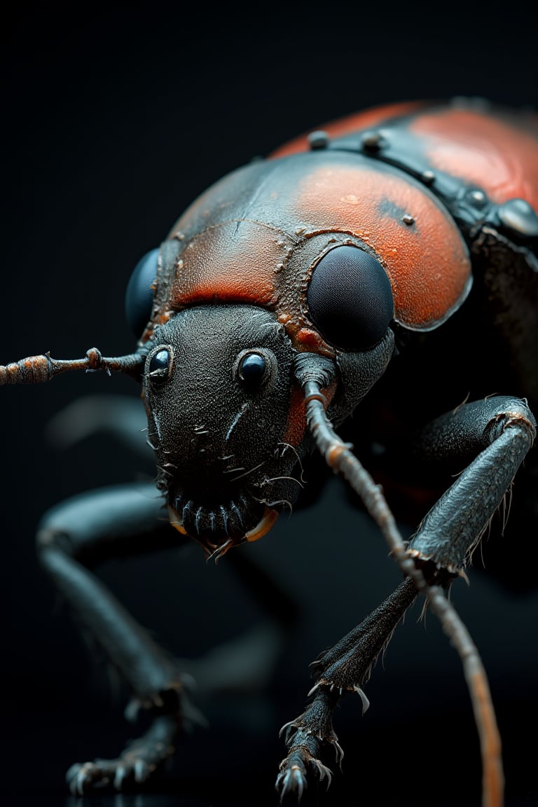 Hasselblad H6D-400c MS, low exposure, high contrast, ISO 100, with a 1800mm macro lens, beetle's face
