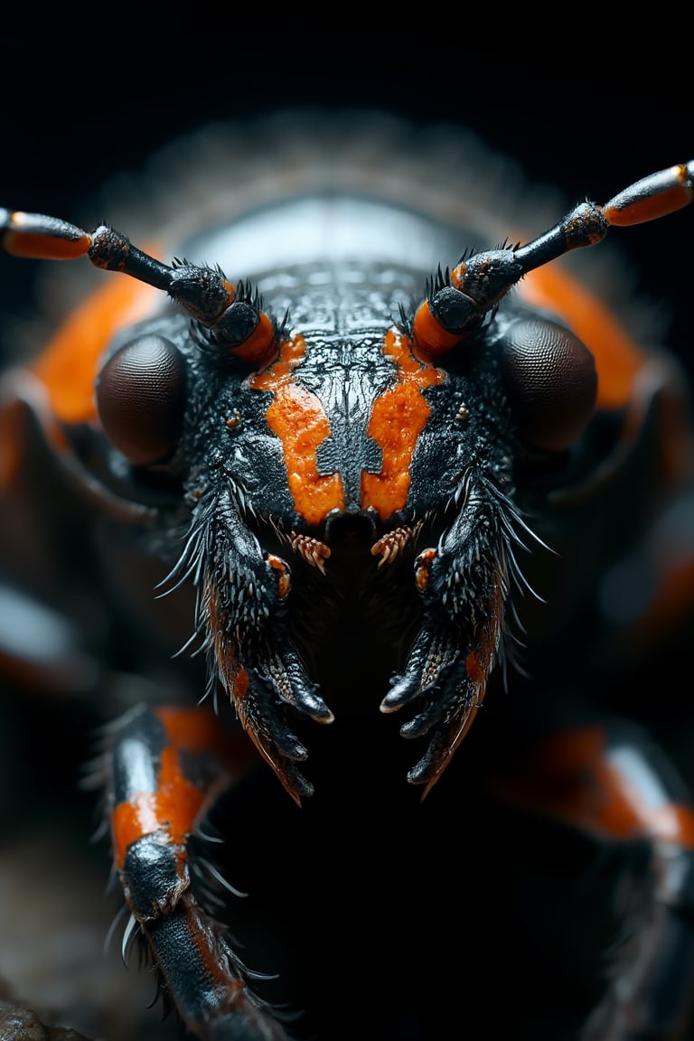 Hasselblad H6D-400c MS, low exposure, high contrast, ISO 100, with a 1800mm macro lens, beetle's face
