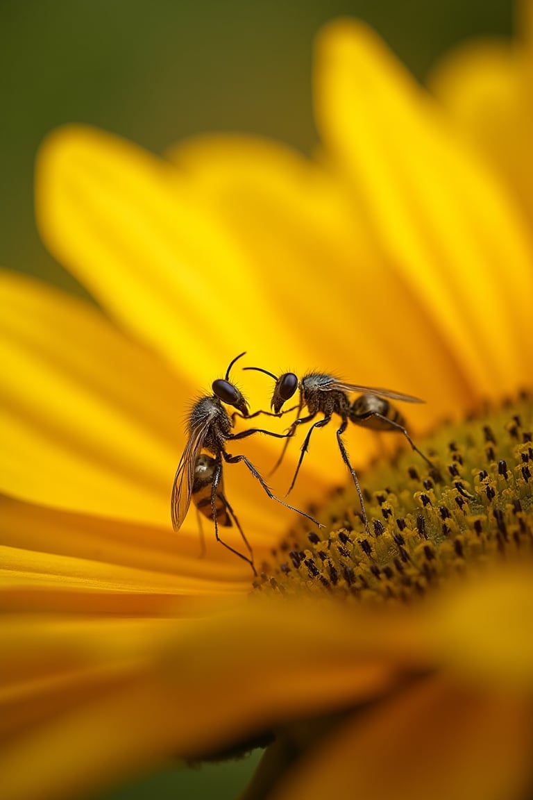 a detailed photo of two little insects in disc floret of a sunflower, captured on Hasselblad H6D-400c MS, low exposure, high contrast, ISO 100, with a 180mm macro lens, 