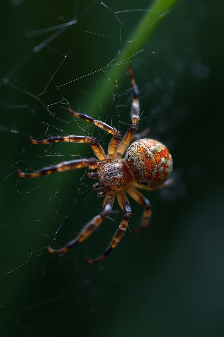 a detailed photo of spider, knitting its web, detailed web, captured on Hasselblad H6D-400c MS, low exposure, high contrast, ISO 100, with a 1800mm macro lens, 