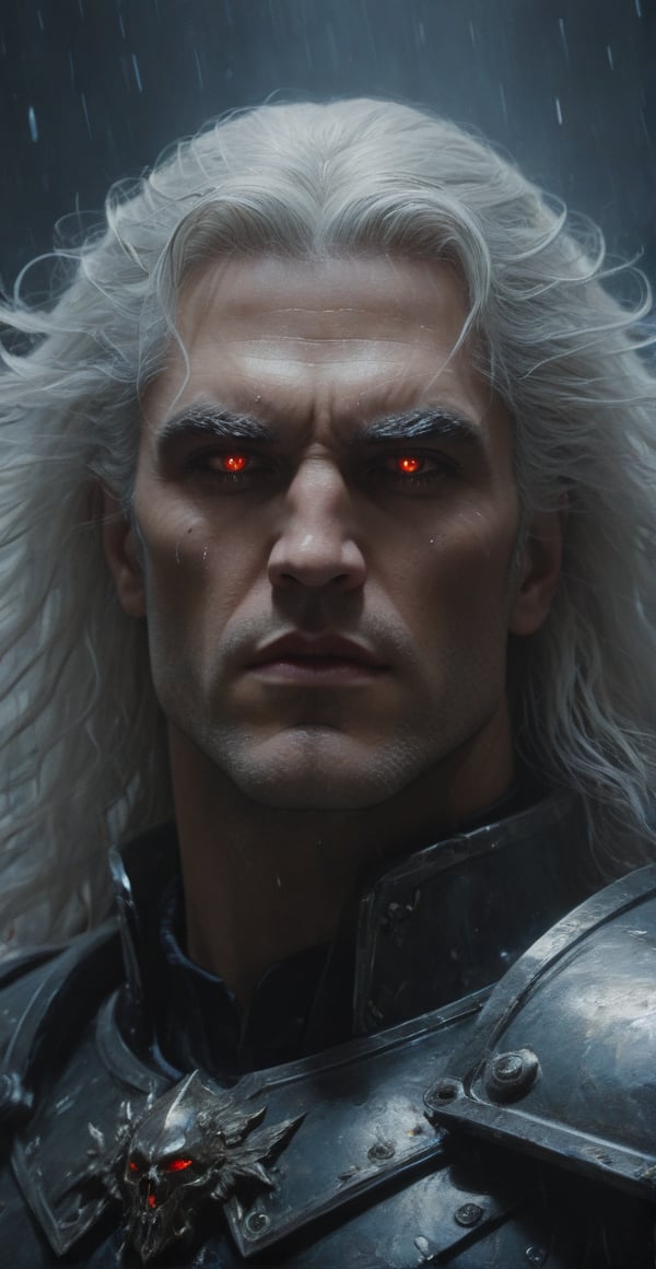 A majestic close-up portrait of Angron, Primarch of the World Eaters XII Legion, radiates intense energy. Long white hair flows like fiery lava, entwined with mystical mist. His normal skin glows with an otherworldly aura. Vibrant colours burst forth from his eyes, as if infused by the silver full moon's ethereal light. The background: a swirling storm of rain and lightning, set against the dark, mysterious forest. Every detail is meticulously crafted, reminiscent of a fine art painting by Drew Struzan and Karol Bak. Gothic architecture and ilya kuvshinov's haunting atmosphere converge to create a masterpiece that embodies the essence of war.