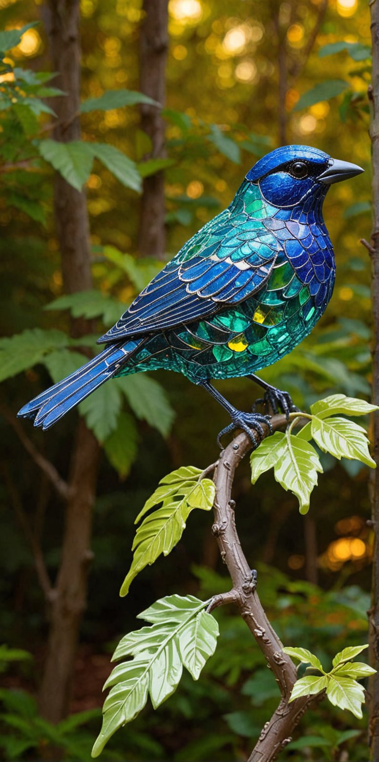 In a warm, sun-kissed forest clearing, a stunning masterpiece comes to life. A vibrant glass carving sparrow, with XL glittering wings that shimmer in hues of emerald and sapphire, perches effortlessly on a slender tree branch. The cinematic lighting casts a soft glow, accentuating the delicate, colorful glasswork as it seems to defy gravity. The surrounding foliage is a tapestry of greens, providing a lush backdrop for this whimsical, oversized avian sculpture.