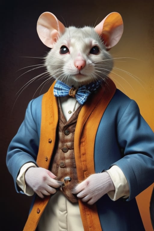 perfect-composition, Perfect pictorial composition, Creative poster, A big Rat-man dressed with clothes from 1850, holding a domestic cat on his arms, (Best Quality:1.2), (Ultra-detailed), (Photorealistic:1.37), (HDR), (Vivid colors), (portrait of a), (Warm and bright color tones), (Soft diffuse lighting)