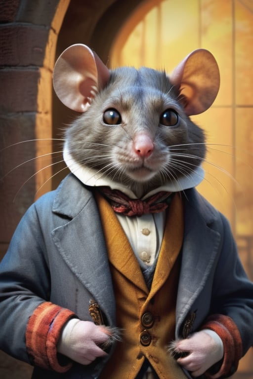 perfect-composition, Perfect pictorial composition, Creative poster, A big Rat-man dressed with clothes from 1850, holding a cat on his arms, (Best Quality:1.2), (Ultra-detailed), (Photorealistic:1.37), (HDR), (Vivid colors), (portrait of a), (Warm and bright color tones), (Soft diffuse lighting)