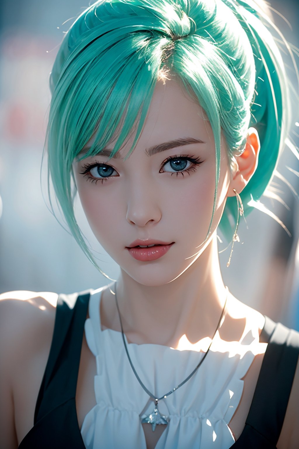 A detailed realistic picture of Bulma from Dragon ball, photography quality, posing for a photo, photo realistic