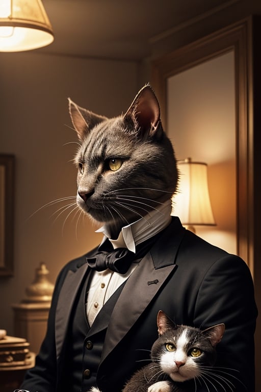 chibi, perfect-composition, Perfect pictorial composition, Creative poster, A big Rat-man dressed as a gentleman from 1850, with a cat on his arms, (Best Quality:1.2), (Ultra-detailed), (Photorealistic:1.37), (HDR), (Vivid colors), (portrait of a), (Warm and bright color tones), (Soft diffuse lighting)