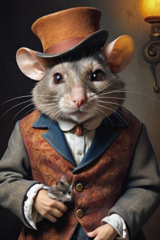 perfect-composition, Perfect pictorial composition, Creative poster, A big Rat-man dressed with clothes from 1850, holding a domestic cat on his arms, (Best Quality:1.2), (Ultra-detailed), (Photorealistic:1.37), (HDR), (Vivid colors), (portrait of a), (Warm and bright color tones), (Soft diffuse lighting)