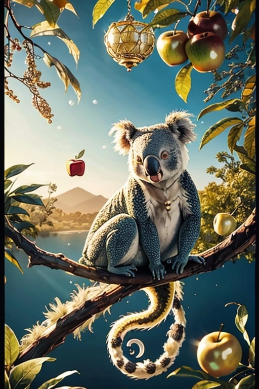 Koala, golden, chameleon, pearls, fish net, apples, clear sky