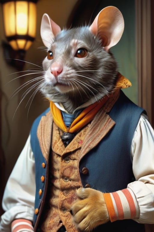 perfect-composition, Perfect pictorial composition, Creative poster, A big Rat-man dressed with clothes from 1850, with a cat on his arms, (Best Quality:1.2), (Ultra-detailed), (Photorealistic:1.37), (HDR), (Vivid colors), (portrait of a), (Warm and bright color tones), (Soft diffuse lighting)