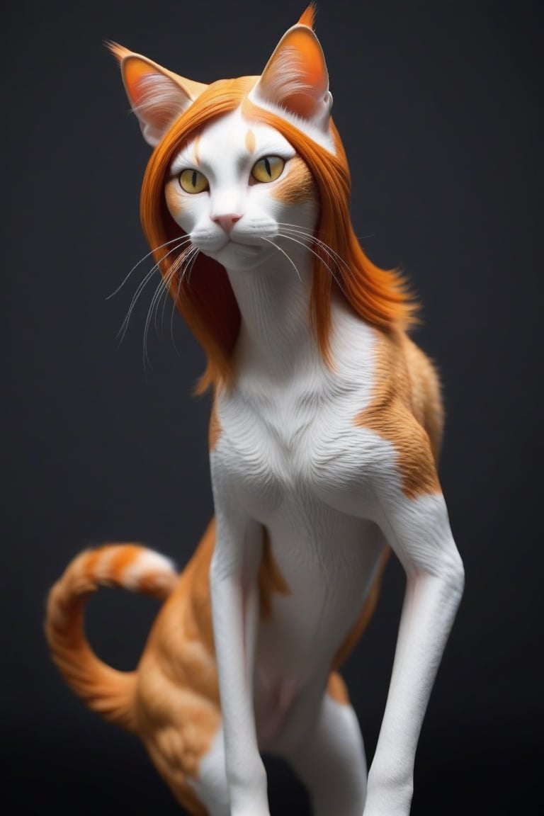 Masterpiece. An insanely full body detailed woman-cat. Beautiful orange hair, burst orange, black, and gray skin with cat fur, a cat white and orange tail, eyes of cat, she is a hybrid of woman and cat, she is tall and fit, ultra-realistic, cinematic lighting, super-fine quality. Woman's face and breast, without human ears. inside a hoise