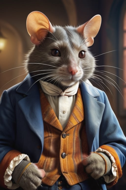 perfect-composition, Perfect pictorial composition, Creative poster, A big Rat-man dressed with clothes from 1850, with a cat on his arms, (Best Quality:1.2), (Ultra-detailed), (Photorealistic:1.37), (HDR), (Vivid colors), (portrait of a), (Warm and bright color tones), (Soft diffuse lighting)