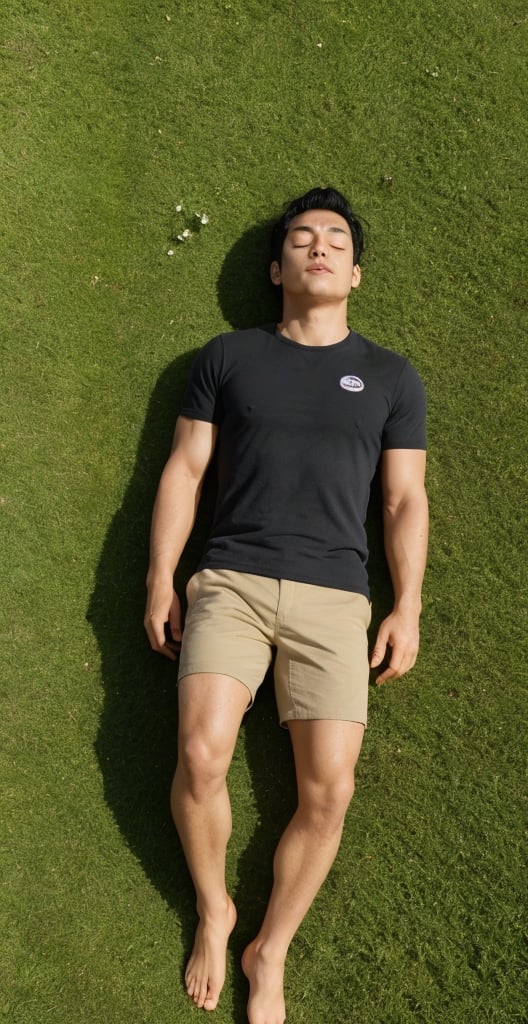 A full body picture from a man, seem from up, lying down in a garden, floor covered with grass, plants around, closed eyes, relaxed face, black hair, European face traces, sunbath