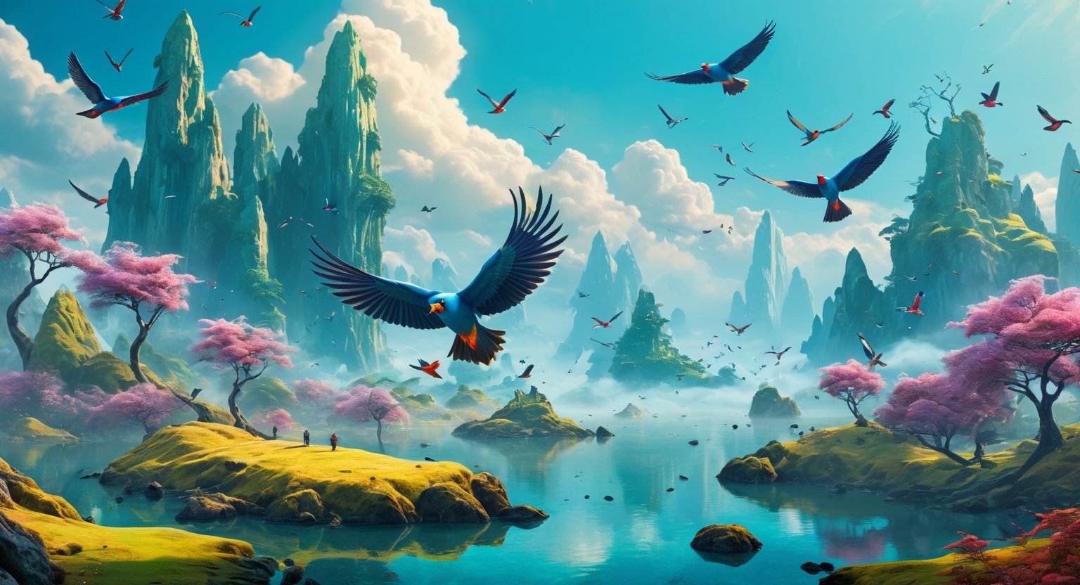 (best quality), (high resolutuion), (man), Craft a modern fantasy scene 3D dimension, featuring some colored birds within a captivating landscape background,Digital painting 