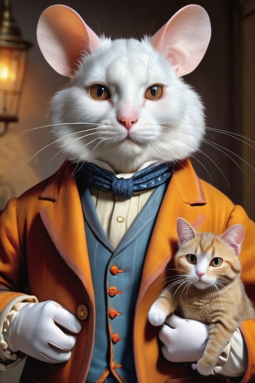 perfect-composition, Perfect pictorial composition, Creative poster, A big Mouse-man dressed with clothes from 1850, with a cat on his arms, (Best Quality:1.2), (Ultra-detailed), (Photorealistic:1.37), (HDR), (Vivid colors), (portrait of a), (Warm and bright color tones), (Soft diffuse lighting)