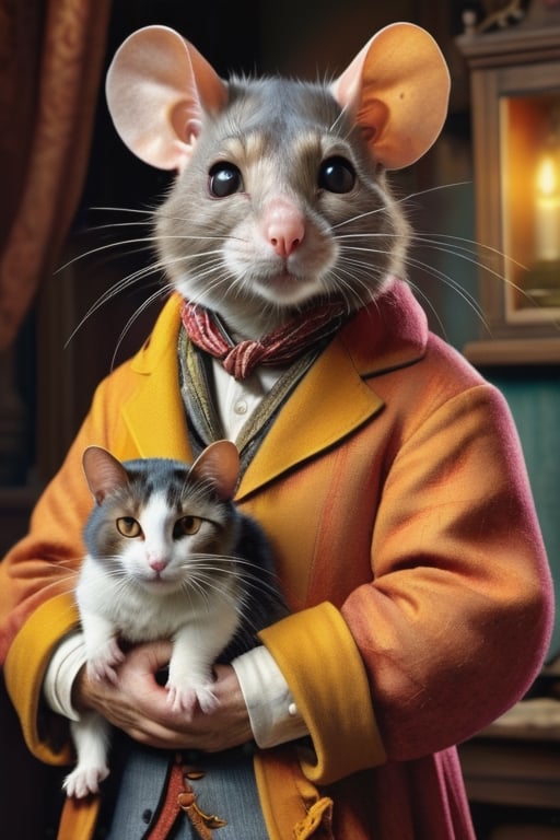 perfect-composition, Perfect pictorial composition, Creative poster, A big Rat-man dressed with clothes from 1850, holding a domestic cat on his arms, (Best Quality:1.2), (Ultra-detailed), (Photorealistic:1.37), (HDR), (Vivid colors), (portrait of a), (Warm and bright color tones), (Soft diffuse lighting)