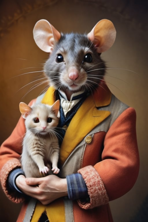 perfect-composition, Perfect pictorial composition, Creative poster, A big Rat-man dressed with clothes from 1850, holding a small cat on his arms, (Best Quality:1.2), (Ultra-detailed), (Photorealistic:1.37), (HDR), (Vivid colors), (portrait of a), (Warm and bright color tones), (Soft diffuse lighting)