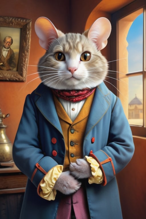 perfect-composition, Perfect pictorial composition, Creative poster, A big Mouse-man dressed with clothes from 1850, with a cat on his arms, (Best Quality:1.2), (Ultra-detailed), (Photorealistic:1.37), (HDR), (Vivid colors), (portrait of a), (Warm and bright color tones), (Soft diffuse lighting)