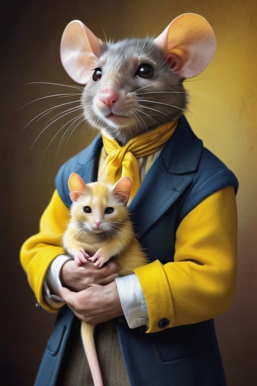 perfect-composition, Perfect pictorial composition, Creative poster, A big Rat-man dressed with clothes from 1850, holding a yellow small cat on his arms, (Best Quality:1.2), (Ultra-detailed), (Photorealistic:1.37), (HDR), (Vivid colors), (portrait of a), (Warm and bright color tones), (Soft diffuse lighting)