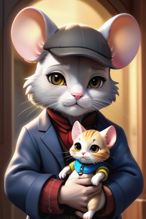 chibi, perfect-composition, Perfect pictorial composition, Creative poster, A big Mouse-man dressed with clothes from 1850, with a cat on his arms, (Best Quality:1.2), (Ultra-detailed), (Photorealistic:1.37), (HDR), (Vivid colors), (portrait of a), (Warm and bright color tones), (Soft diffuse lighting)