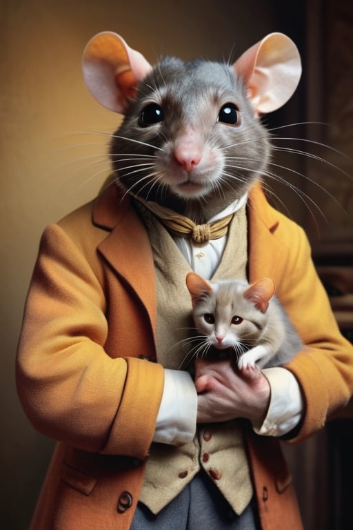 perfect-composition, Perfect pictorial composition, Creative poster, A big Rat-man dressed with clothes from 1850, holding a small cat on his arms, (Best Quality:1.2), (Ultra-detailed), (Photorealistic:1.37), (HDR), (Vivid colors), (portrait of a), (Warm and bright color tones), (Soft diffuse lighting)