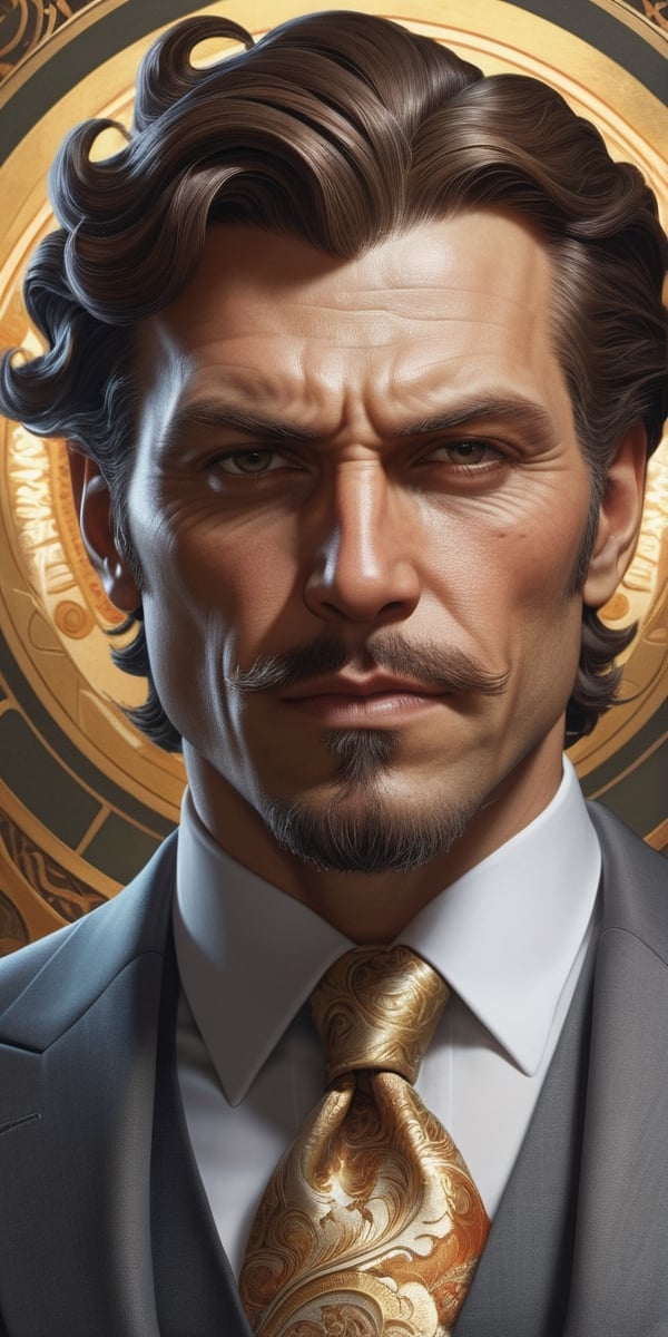 A fantastic painting of a man in a suit, by Greg Rutkowski and Alphonse Mucha. Trending on Artstation, 8k HD wallpaperj GTA 5 cover, official media, beautiful, very beautiful, detailed, high quality, wallpaper 4K, epic, trending on artstation and behance, dynamic lightning, intricate details, energetic composition, golden ratio, concept ,Color Booster