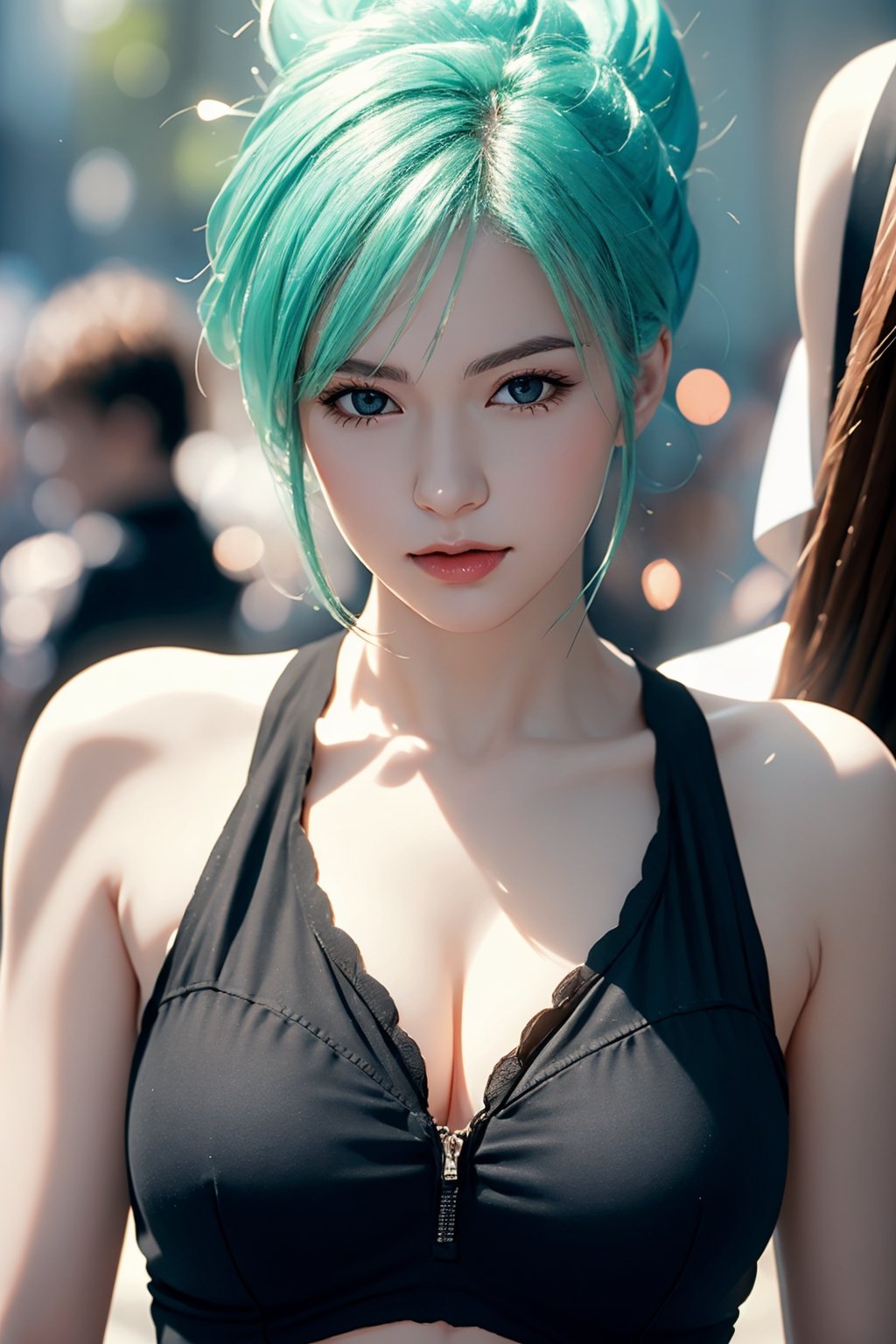 A detailed realistic picture of Bulma from Dragon ball, photography quality, posing for a photo, photo realistic