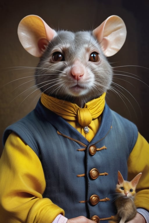 perfect-composition, Perfect pictorial composition, Creative poster, A big Rat-man dressed with clothes from 1850, holding a yellow small cat on his arms, (Best Quality:1.2), (Ultra-detailed), (Photorealistic:1.37), (HDR), (Vivid colors), (portrait of a), (Warm and bright color tones), (Soft diffuse lighting)