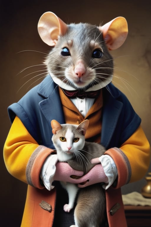 perfect-composition, Perfect pictorial composition, Creative poster, A big Rat-man dressed with clothes from 1850, holding a domestic cat on his arms, (Best Quality:1.2), (Ultra-detailed), (Photorealistic:1.37), (HDR), (Vivid colors), (portrait of a), (Warm and bright color tones), (Soft diffuse lighting)