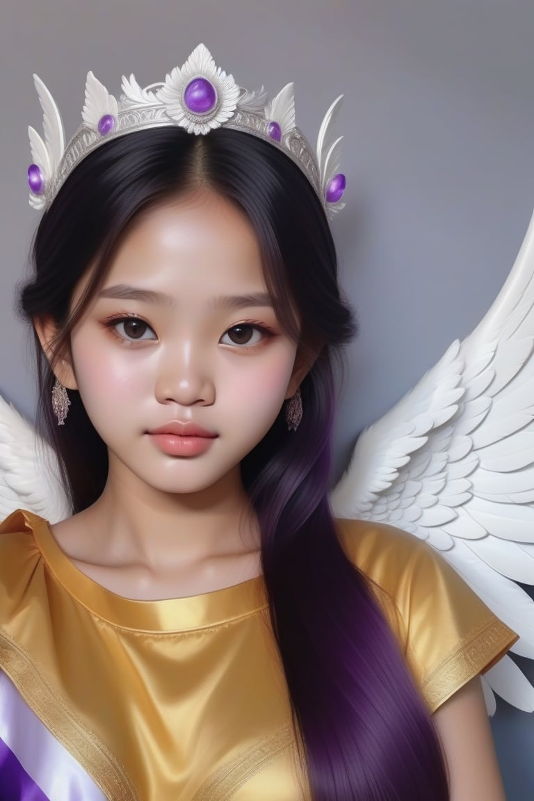 official art, ultra detailed, beautiful and aesthetic, masterpiece, best quality, Cambodian angel girl, big white and purple wings,An angel 
