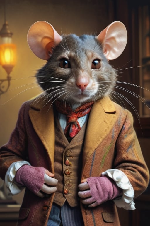 perfect-composition, Perfect pictorial composition, Creative poster, A big Rat-man dressed with clothes from 1850, holding a domestic cat on his arms, (Best Quality:1.2), (Ultra-detailed), (Photorealistic:1.37), (HDR), (Vivid colors), (portrait of a), (Warm and bright color tones), (Soft diffuse lighting)