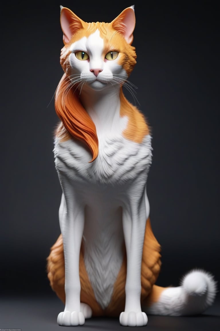 Masterpiece. An insanely full body detailed woman-cat. Beautiful orange hair, burst orange, black, and gray skin with cat fur, a cat white and orange tail, eyes of cat, she is a hybrid of woman and cat, she is tall and fit, ultra-realistic, cinematic lighting, super-fine quality. Woman's face and breast, without human ears. inside a hoise,photo r3al