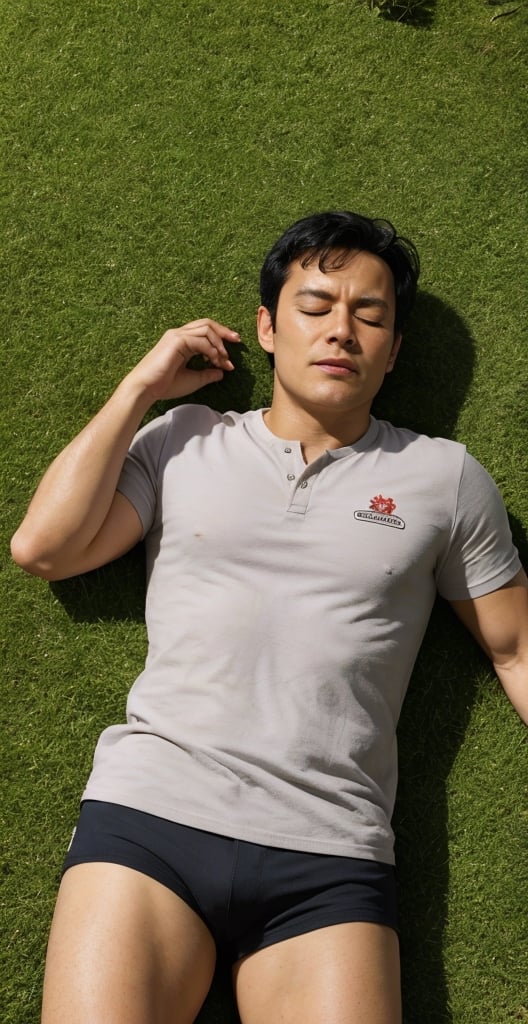 A full body picture from a man, seem from up, lying down in a garden, floor covered with grass, plants around, closed eyes, relaxed face, black hair, European face traces, sunbath